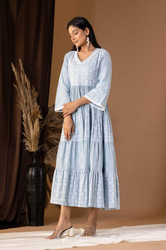 PHAGUN POWDER BLUE KHADI PRINTED COTTON CAMBRIC DRESS
