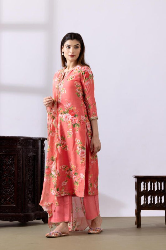 GULMEHER PINK DIGITAL PRINT CHANDARY STRAIGHT KURTA WITH PLAZZO SET OF 3