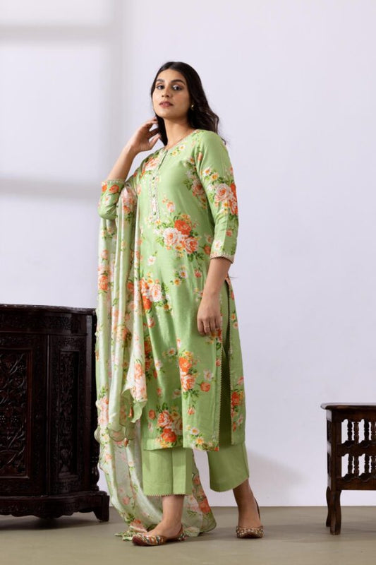GULMEHER PISTA GREEN DIGITAL PRINT CHANDARY STRAIGHT KURTA WITH PLAZZO SET OF 3
