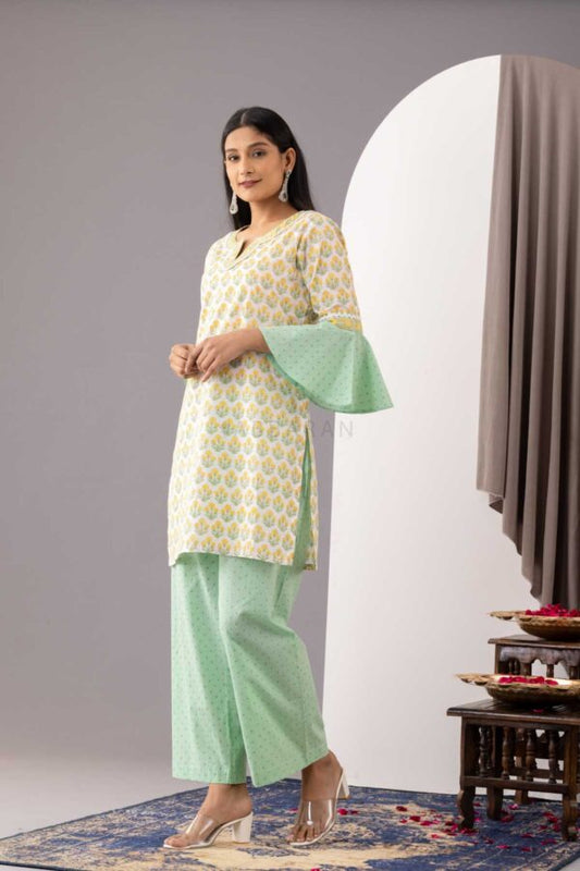 PHAGUN IVORY BLOCK PRINTED COTTON CAMBRIC STRAIGHT KURTA WITH MINT GREEN PLAZZO SET OF 2