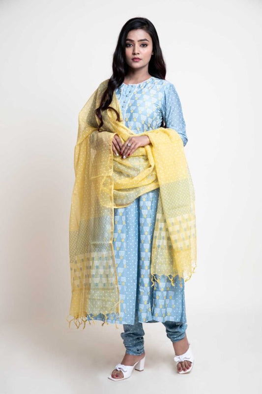 Block Printed Anarkali With Printed Chudidar and Kota Block Printed Contrast Dupatta