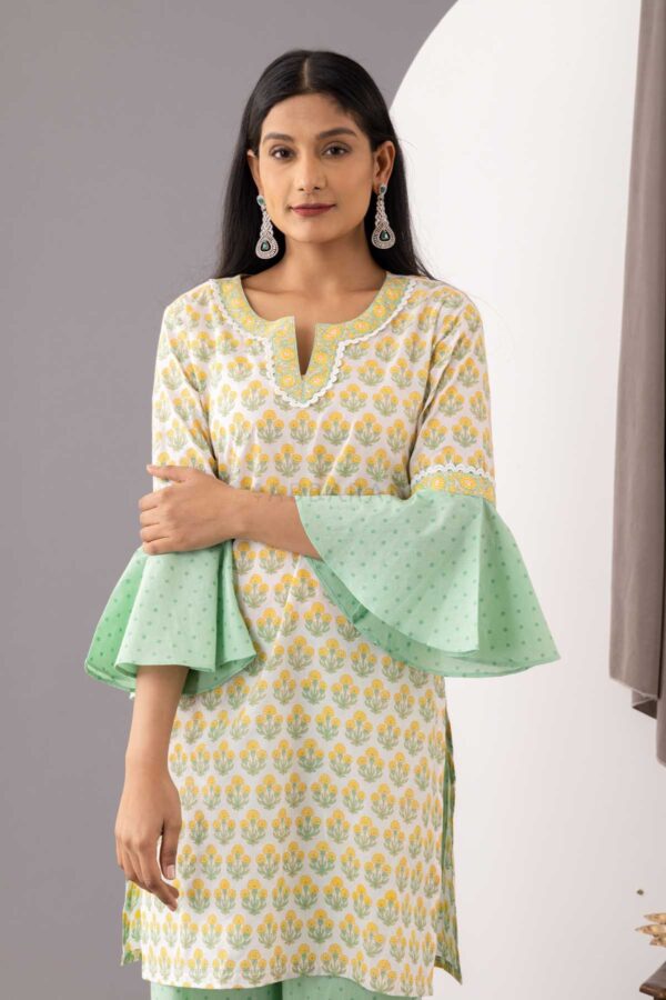 PHAGUN IVORY BLOCK PRINTED COTTON CAMBRIC STRAIGHT KURTA WITH MINT GREEN PLAZZO SET OF 2