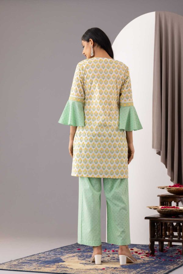 PHAGUN IVORY BLOCK PRINTED COTTON CAMBRIC STRAIGHT KURTA WITH MINT GREEN PLAZZO SET OF 2