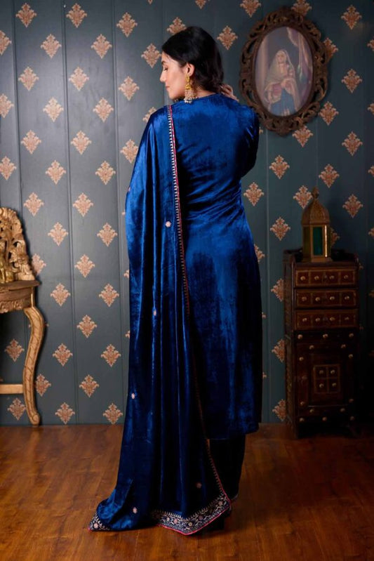 Jashan Ari Embroidery Peacock Blue Velvet Kurta Set