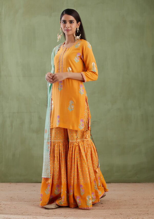 Umang Golden Yellow Foil Printed Garara 3 Pcs Set