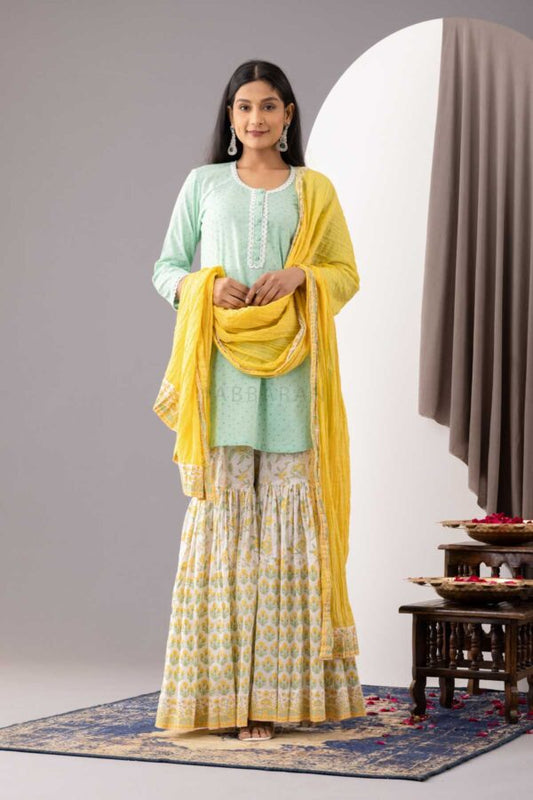 PHAGUN MINT GREEN BLOCK PRINTED COTTON CAMBRIC GARARA SET OF 3