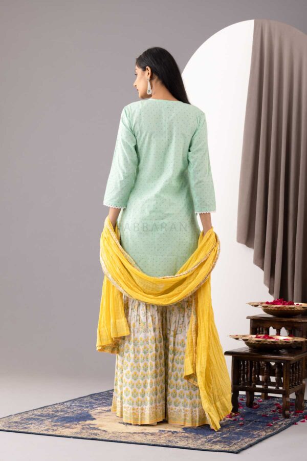 PHAGUN MINT GREEN BLOCK PRINTED COTTON CAMBRIC GARARA SET OF 3