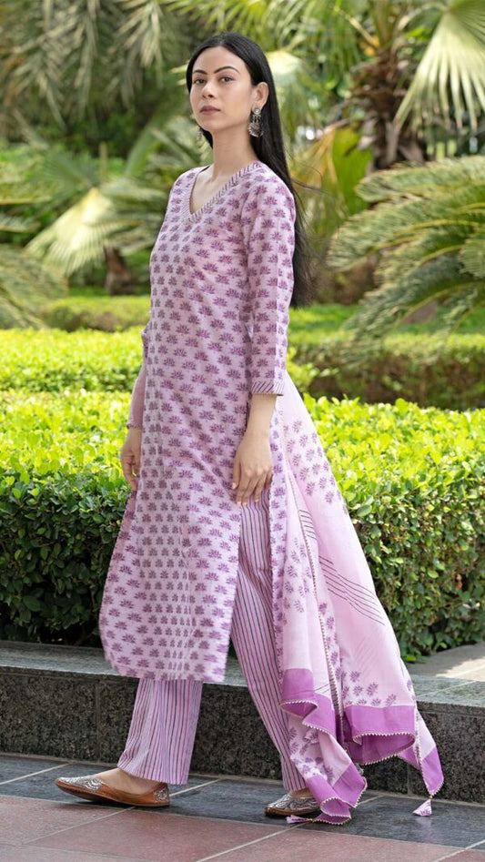 Bahar Lilac Hand Block Printed Straight Kurta with Gotta Lace Work and Strip Plazzo