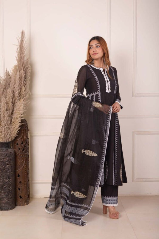 RIMJHIM BLACK WITH WHITE LACE WORK AND FOIL BLOCK PRINT ANARKALI WITH PLAZZO AND DUPATTA SET OF 3