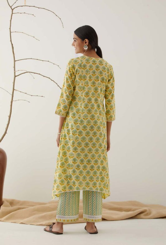 Gulal Light Yellow Handblock Printed Salwar Kurta with Lace Finish