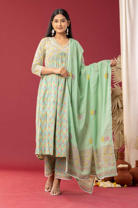 PHAGUN MINT GREEN BLOCK PRINTED COTTON CAMBRIC GATHER ANARKALI WITH PLAZZO SET OF 3