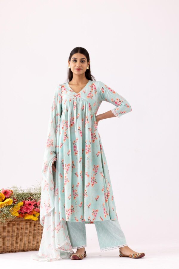 GULMEHER AQUA DIGITAL PRINT COTTON STRAIGHT KURTA WITH PLAZZO SET OF 3