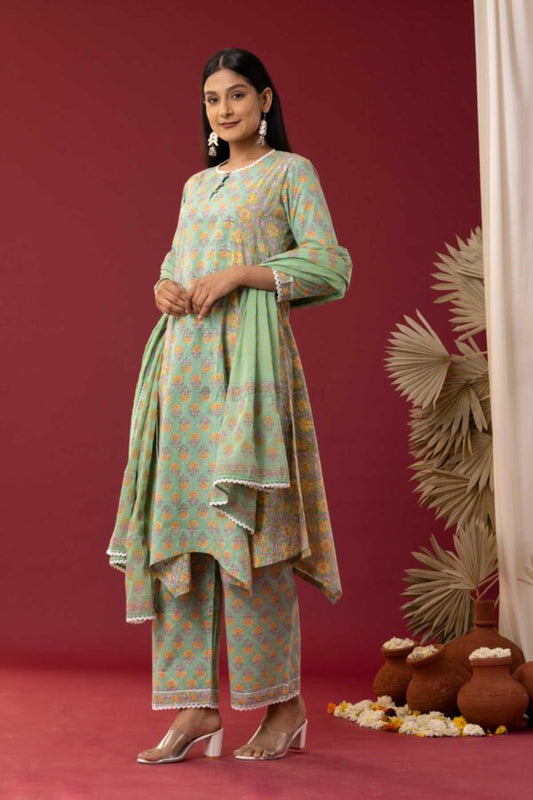 PHAGUN MINT GREEN BLOCK PRINTED COTTON CAMBRIC HIGH LOW KURTA WITH PLAZZO SET OF 3
