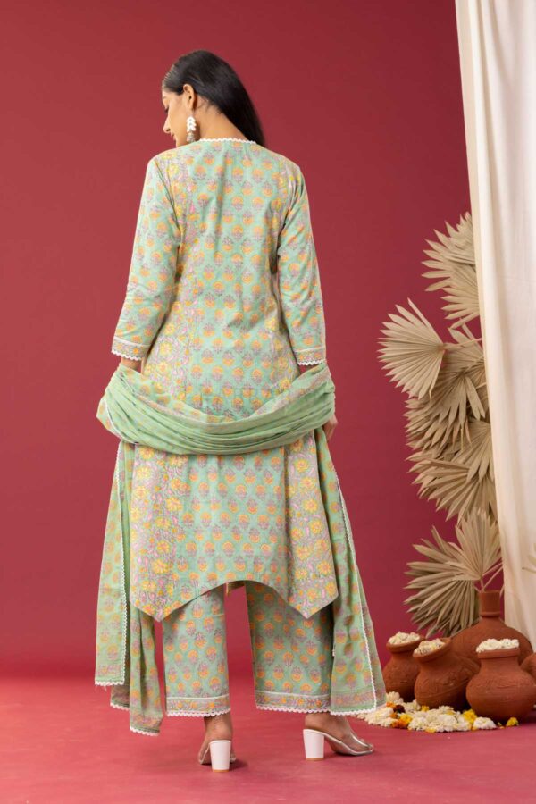 PHAGUN MINT GREEN BLOCK PRINTED COTTON CAMBRIC HIGH LOW KURTA WITH PLAZZO SET OF 3