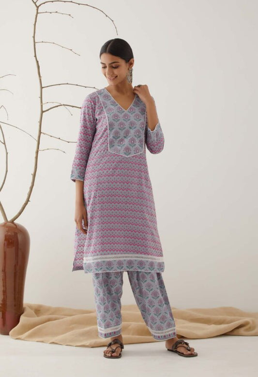 Gulal Powder Blue Handblock Printed Salwar Kurta with Lace Finish