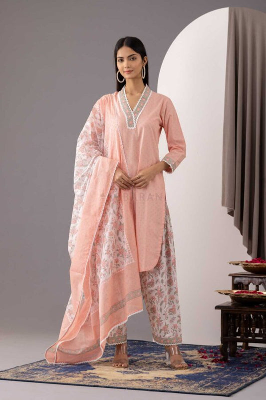 PHAGUN OLD ROSE PINK BLOCK PRINTED COTTON CAMBRIC KURTA WITH SALWAR SET OF 3