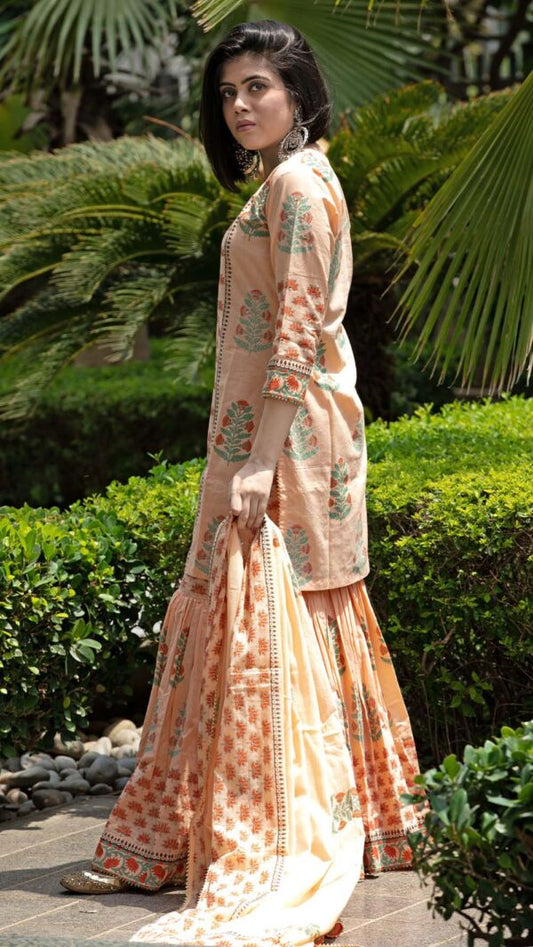 Bahar Orange Hand Block Printed Short Kurta Garara with Gotta Lace Work