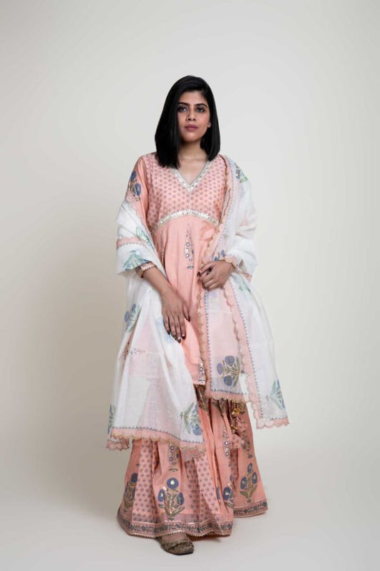 Foil Printed Flaired Kurta With Garara and Chandary Foil Printed Ivory Scalping Dupatta