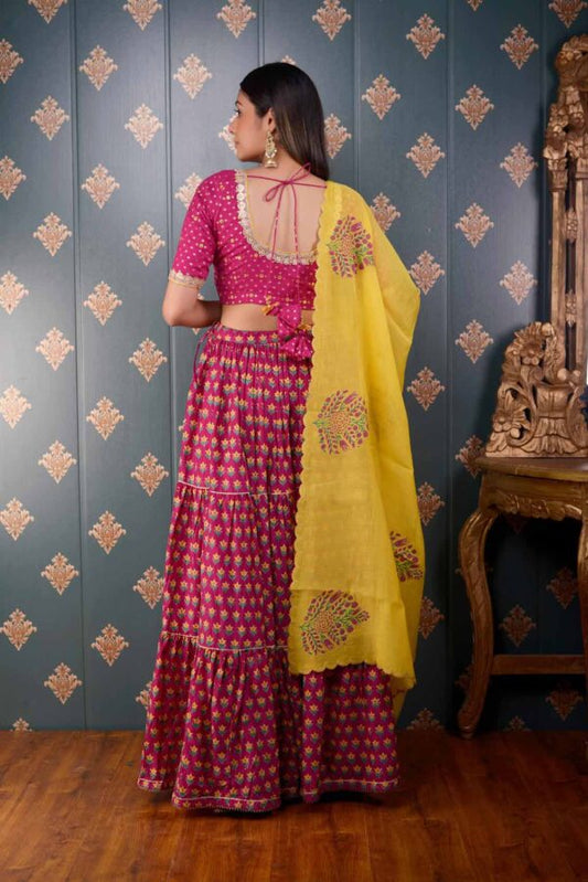 Jashan Megenta Block Printed Cotton Silk Lehenga Set