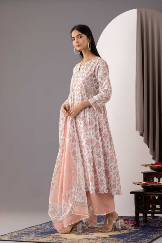 PHAGUN OLD ROSE PINK BLOCK PRINTED COTTON CAMBRIC A-LINE KURTA WITH PLAZZO SET OF 3