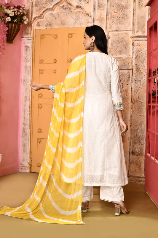 Utsav Ivory Neck Ari Embroidered Anarkali And Palazzo With Pink Leheriya Dupatta Set Of 3