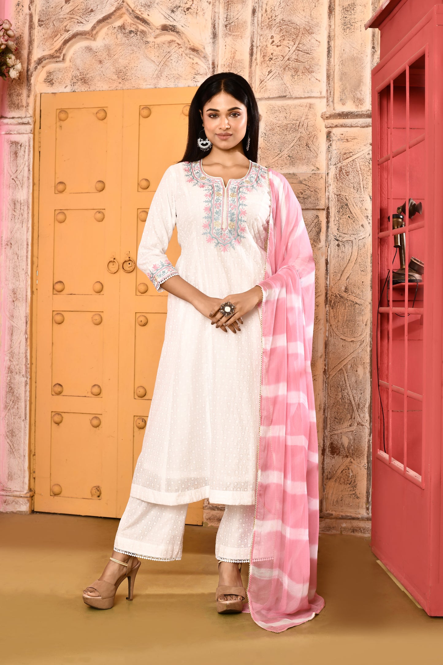 Utsav Ivory Neck Ari Embroidered Kurta And Palazzo With Pink Leheriya Dupatta Set Of 3