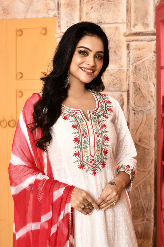 Utsav Ivory Neck Ari Embroidered A-Line Kurta And Palazzo With Red Tie N Dye Dupatta Set Of 3
