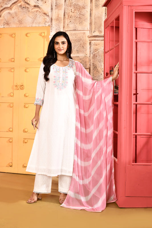 Utsav Ivory Neck Ari Embroidered A-Line Kurta And Palazzo With Yellow Leheriya Dupatta Set Of 3