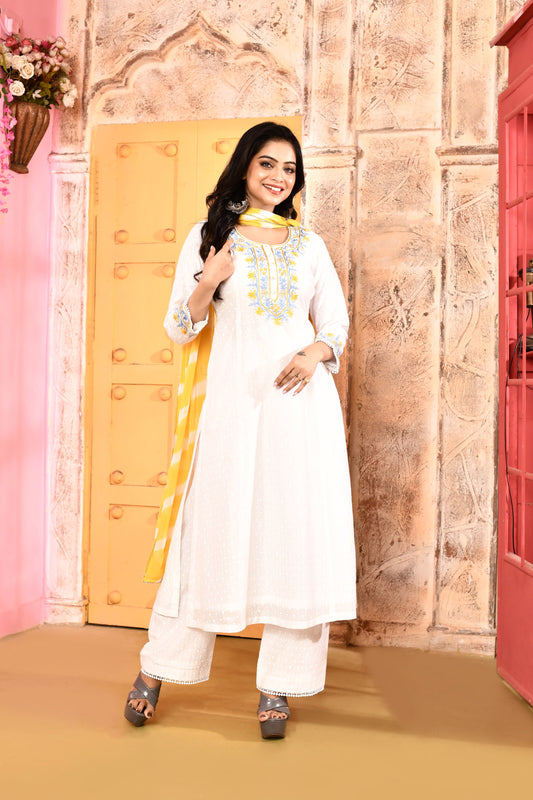 Utsav Ivory Neck Ari Embroidered Anarkali And Palazzo With Yellow Leheriya Dupatta Set Of 3