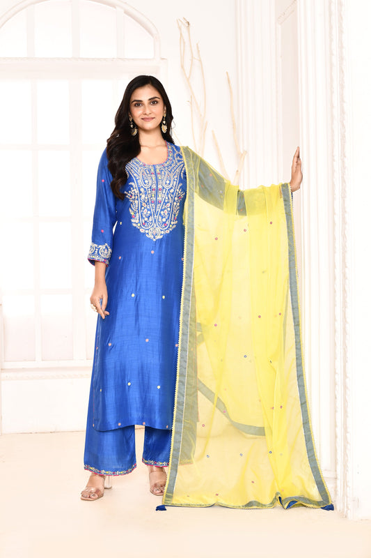 Utsav Blue Ari Embroidered Straight Kurta And Plazzo With Yellow Embroidered Dupatta Set Of 3