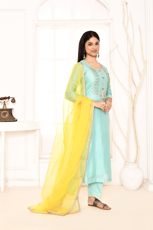 Utsav Aqua Hand Embroidered Straight Kurta And Gotta Finish Plazzo With Yellow Gotta Lace Dupatta Set Of 3