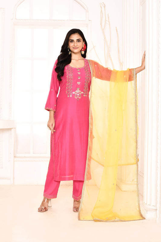 Utsav Rani Hand Embroidered Straight Kurta And Gotta Finish Plazzo With Golden Yellow Gotta Lace Dupatta Set Of 3