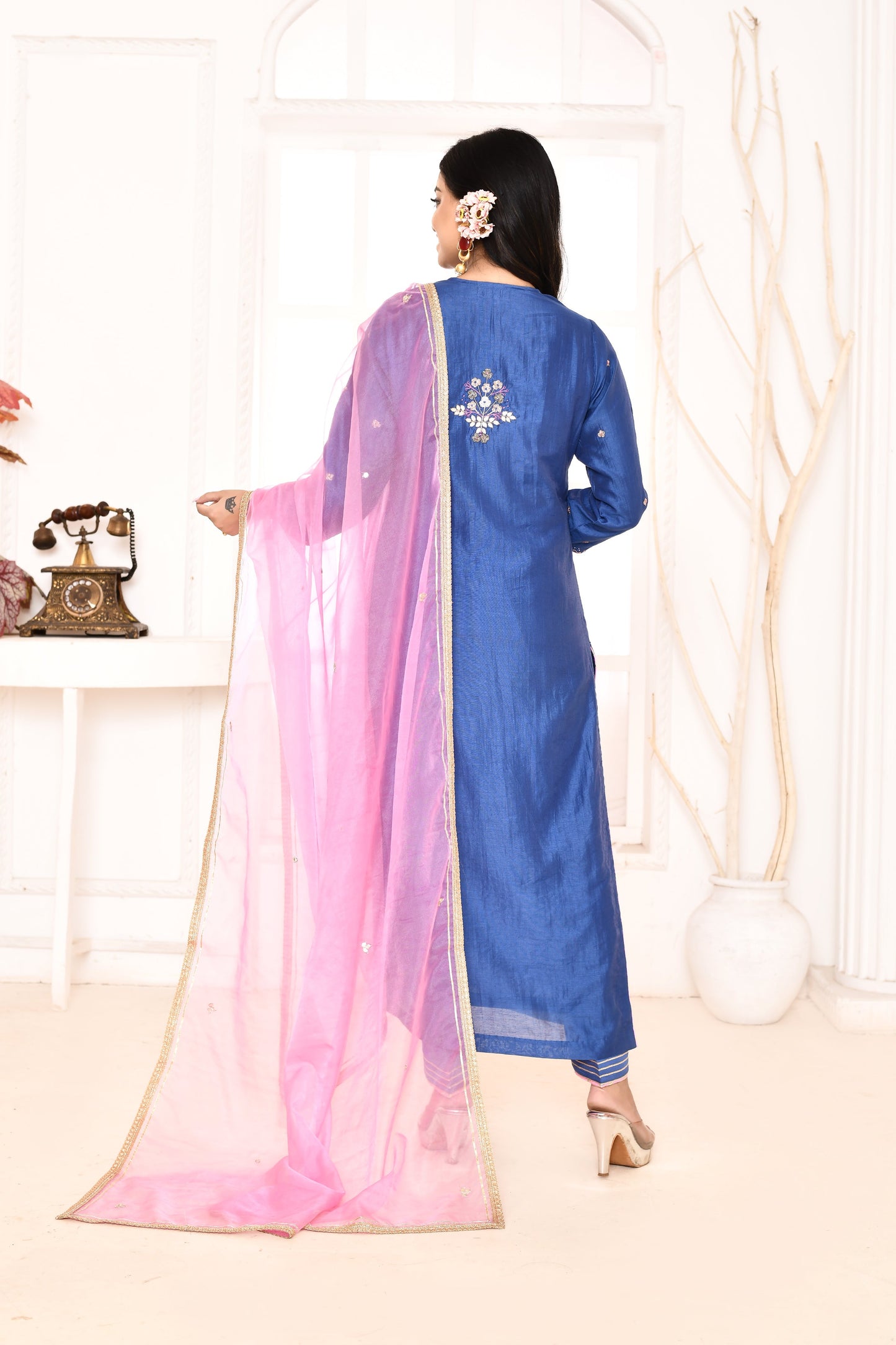 Utsav Blue Hand Embroidered Straight Kurta And Gotta Finish Plazzo With Pink Gotta Lace Dupatta Set Of 3