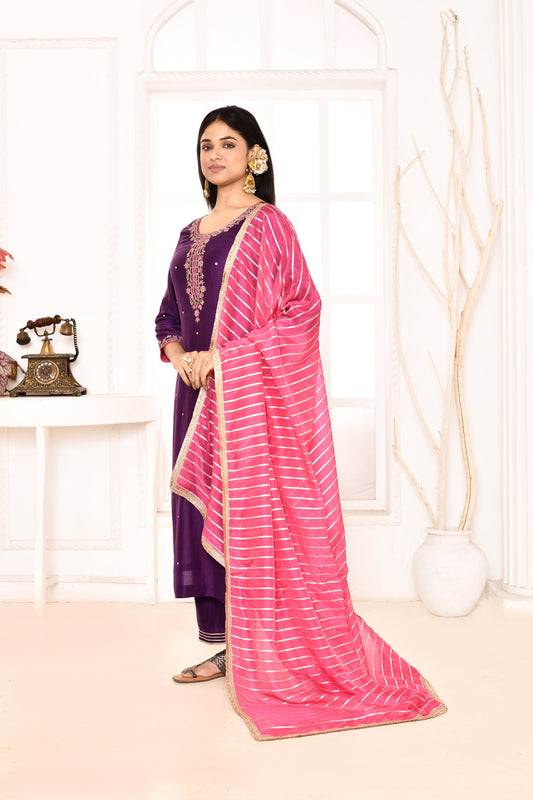 Utsav Purple Embroidered Straight Kurta And Gotta Finish Plazzo With Rani Golden Strip Gotta Lace Finish Dupatta Set Of 3