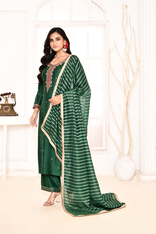 Utsav Emerald Green Embroidered Straight Kurta And Gotta Finish Plazzo With Golden Strip Emerald Green Gotta Lace Finish Dupatta Set Of 3