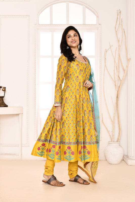 Utsav Golden Yellow Block Printed Anarkali And Solid Chudidar With Aqua /Yellow Tie N Dye Gotta Lace Finish Dupatta Set Of 3