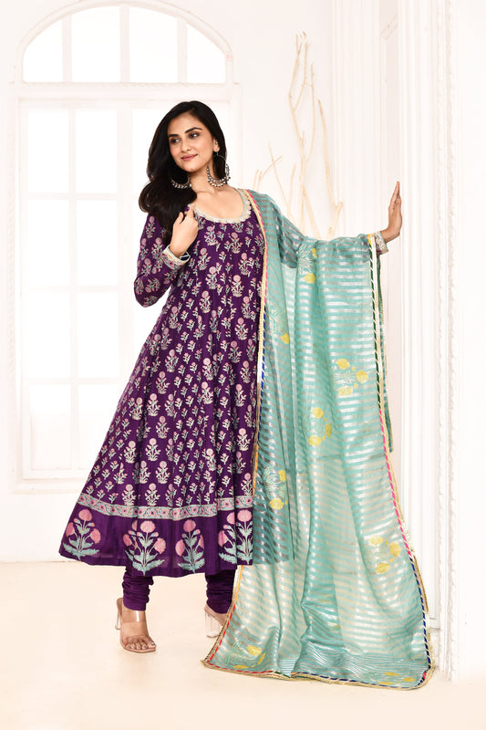 Utsav Purple Block Printed Anarkali And Solid Chudidar With Aqua Banarashi Strip Gotta Lace Finish Dupatta Set Of 3