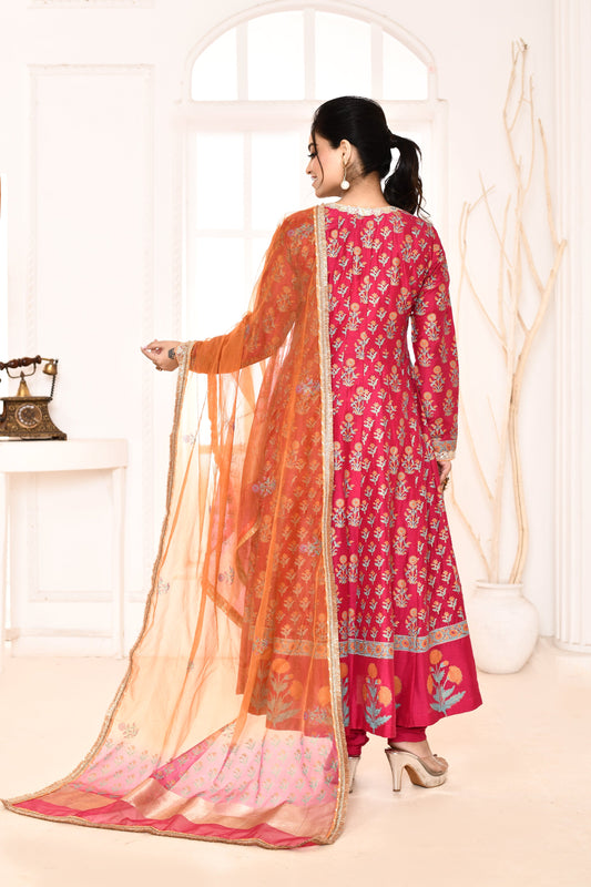 Utsav Rani Block Printed Anarkali And Solid Chudidar With Orange/Rani Tie N Dye Gotta Lace Finish Dupatta Set Of 3