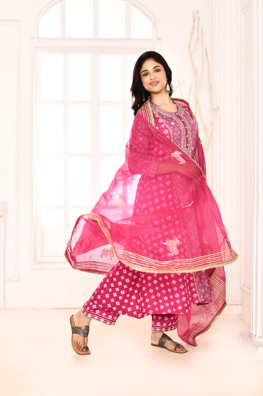 Utsav Magenta Hand Embroidery With Block Printed A-Line Kurta And Plazzo With Magenta Gotta Lace Finish Dupatta Set Of 3