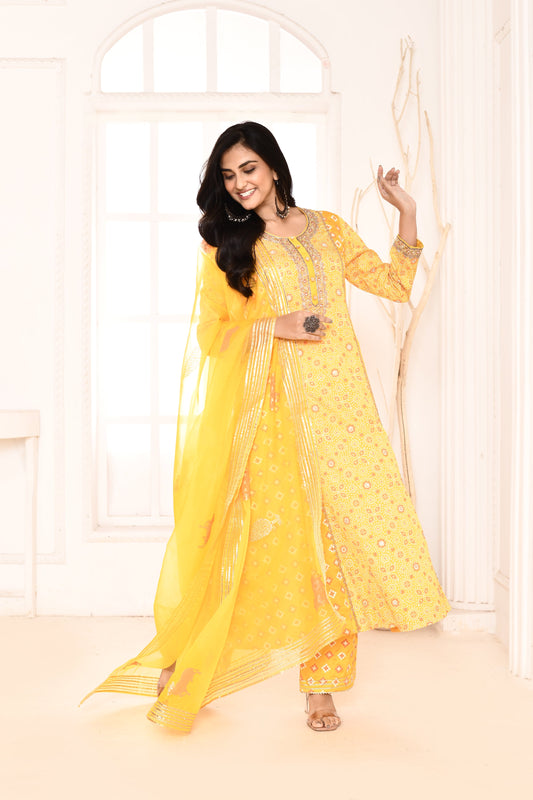 Utsav Yellow Hand Embroidery With Block Printed A-Line Kurta And Plazzo With Yellow Gotta Lace Finish Dupatta Set Of 3
