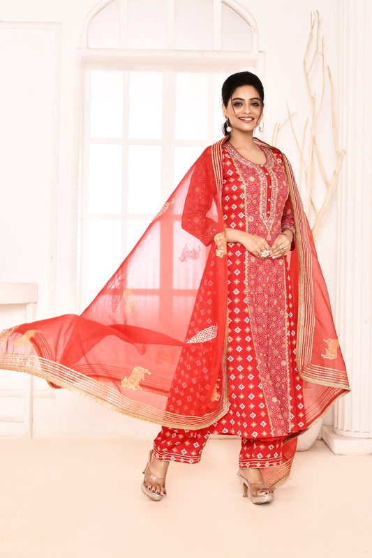 Utsav Red Hand Embroidery With Block Printed A-Line Kurta And Plazzo With Red Gotta Lace Finish Dupatta Set Of 3