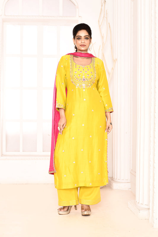 Utsav Yellow Hand Embroidered Gotapatti Work Straight Kurta And Gotta Finish Plazzo With Rani Gotta Lace Finish Dupatta Set Of 3