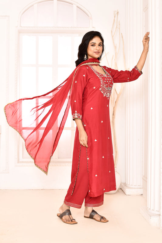 Utsav Red Hand Embroidered Gotapatti Work Straight Kurta And Gotta Finish Plazzo With Red Gotta Lace Finish Dupatta Set Of 3