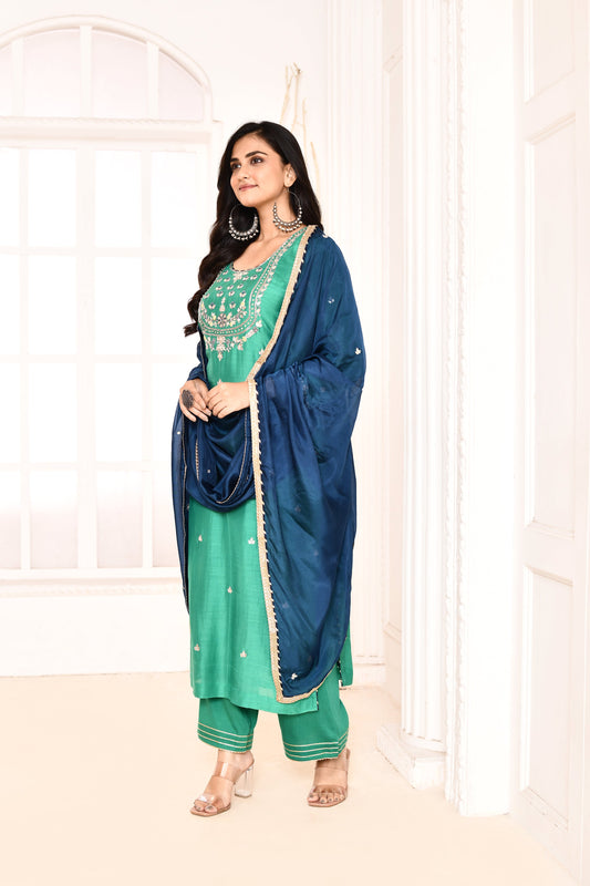 Utsav Green Hand Embroidered Gotapatti Work Straight Kurta And Gotta Finish Plazzo With Navy Blue Gotta Lace Finish Dupatta Set Of 3