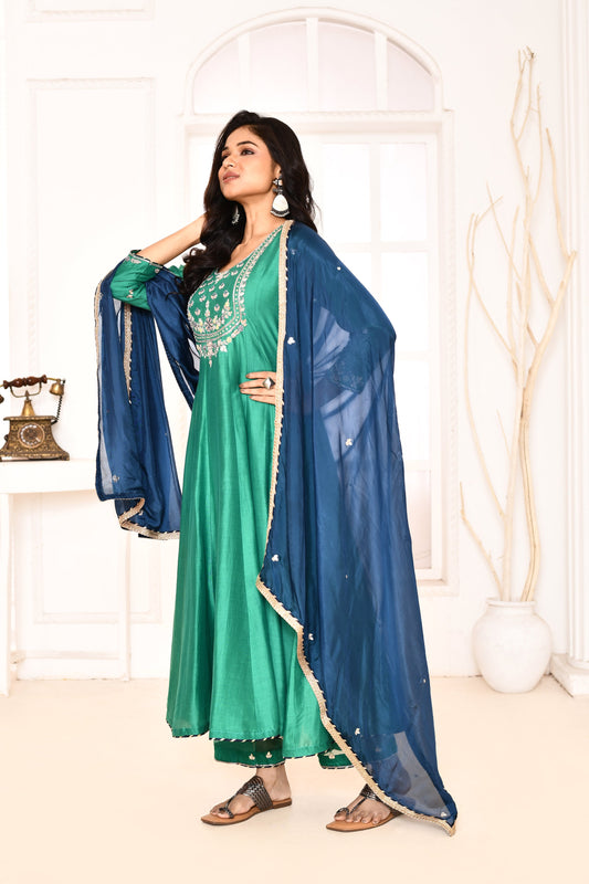 Utsav Green Hand Embroidered Gotapatti Work Anarkali And Plazzo With Navy Blue Gotta Lace Finish Dupatta Set Of 3