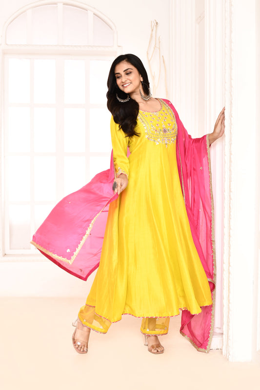 Utsav Yellow Hand Embroidered Gotapatti Work Anarkali And Plazzo With Rani Gotta Lace Finish Dupatta Set Of 3