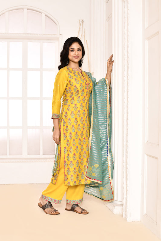Utsav Yellow Hand Block Printed Kurta And Plazzo With Aqua Banarashi Strip Gotta Lace Finish Dupatta Set Of 3