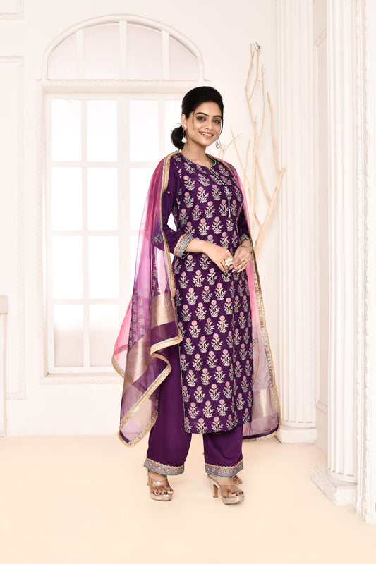 Utsav Purple Hand Block Printed Kurta And Plazzo With Pink/Purple Tie N Dye Gotta Lace Finish Dupatta Set Of 3