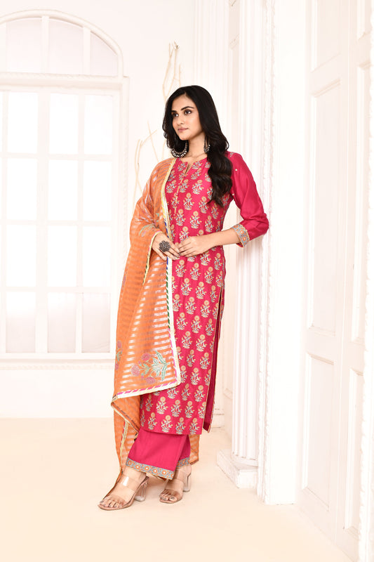Utsav Rani Hand Block Printed Kurta And Plazzo With Orange Banarashi Strip Gotta Lace Finish Dupatta Set Of 3