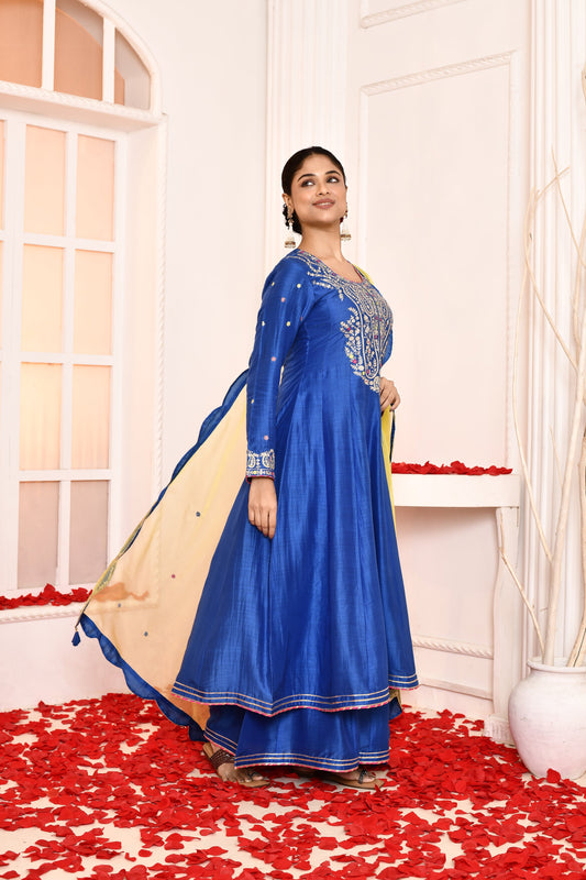 Utsav Blue Ari Embroidery Neck Anarkali And Gottalace Finish Flair Plazzo With Yellow Scalping Dupatta Set Of 3